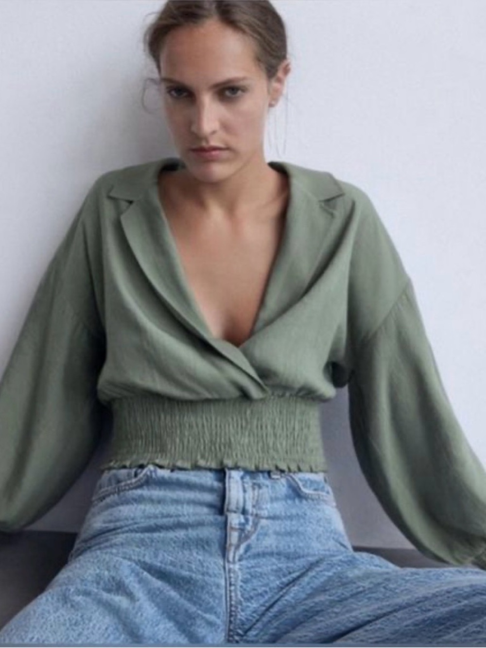 Zara Olive Cropped Wrap-Style Blouse